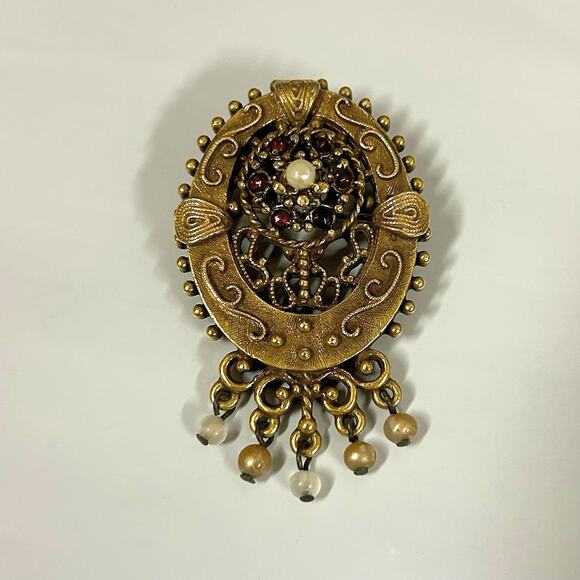 Vintage 70s Signed Pauline Rader Brass Faux Pearl  2” x 1.25” Brooch / Pendant - Picture 1 of 10